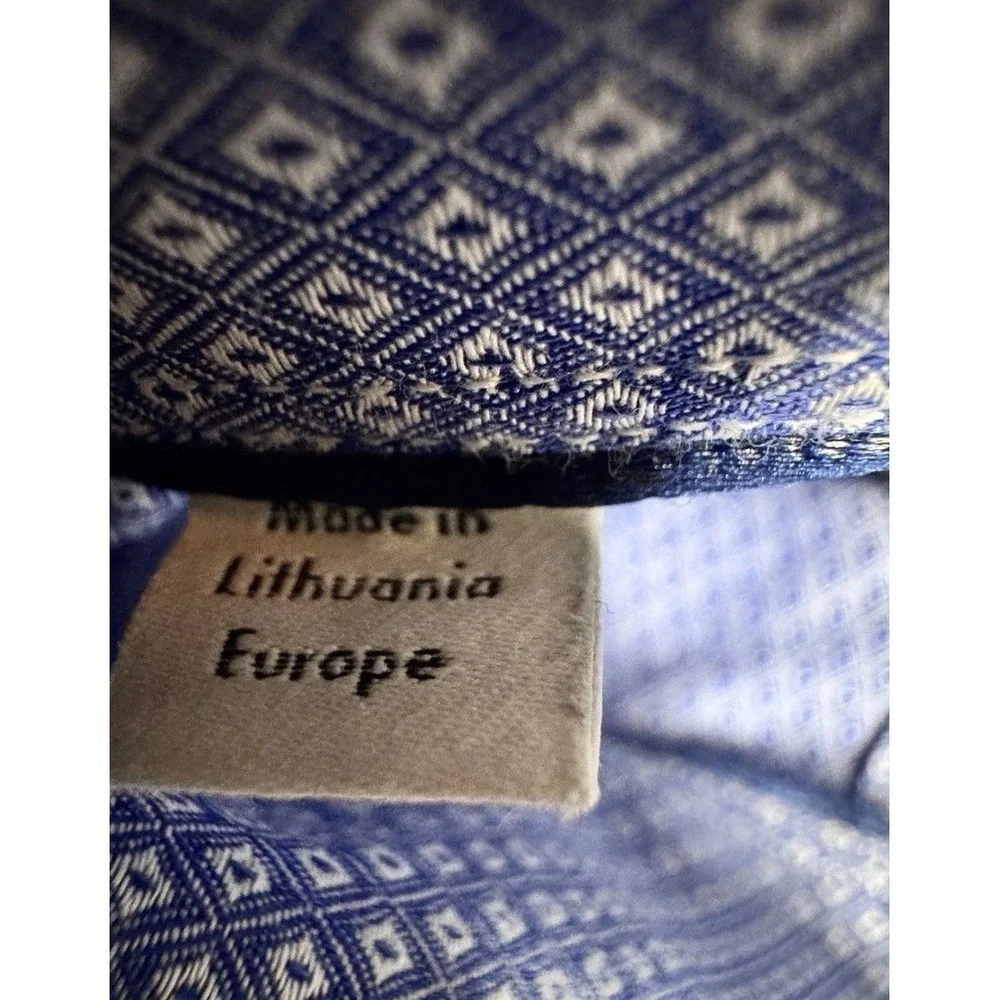 Eton Custom Made Mens Blue Geometric Diamond French Cuff Dress Shirt 16 22.5x30